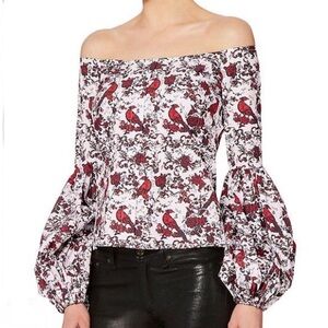 Caroline Constas off the shoulder red white floral damask bird top size Small